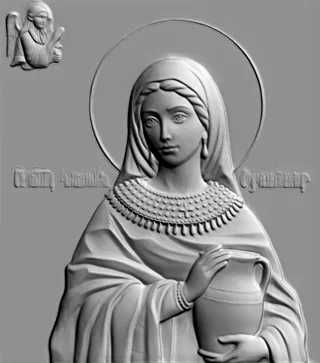3D-Modell Basrelief Heilige Agatha mit Krug, klassischer Stil, mit Heiligenschein und detaillierter Ausarbeitung von Kleidung