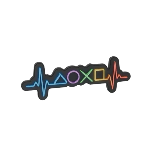 Modello 3D di un segno al neon a forma di battito cardiaco PlayStation con simboli vibranti e luminosi