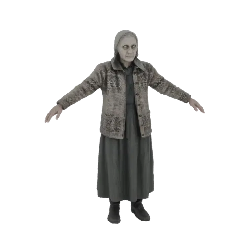 3D model of an elderly woman with a weathered face, wearing a patterned cardigan and skirt, with arms outstretched.