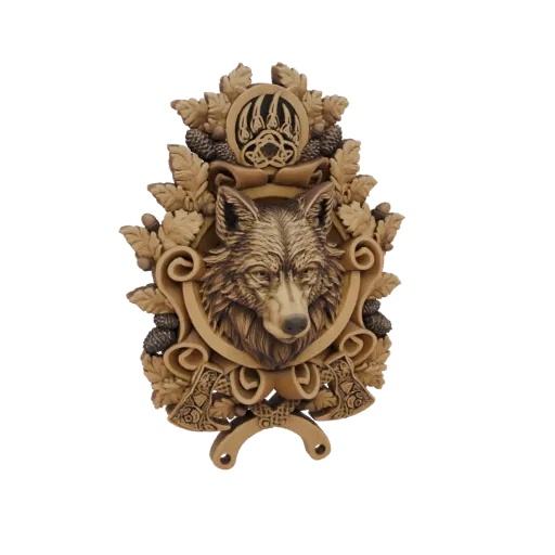 3D model of an ornate wall plaque featuring a wolf's head surrounded by oak leaves, acorns, and a bear paw emblem with a Celt