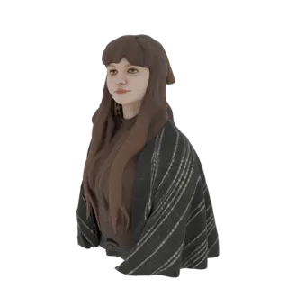 3D-Modell einer KI-generierten Frau mit langen braunen Haaren und kariertem Schal, von der Seite betrachtet.
