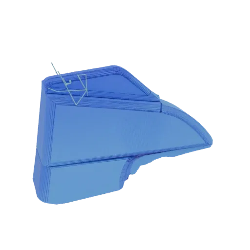 3D model of a translucent blue car door mirror, viewed from a slightly elevated side angle.