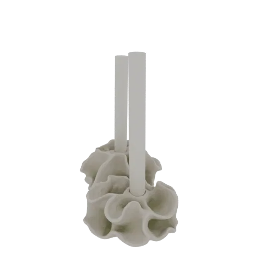 A 3D render of a white, coral-shaped candlestick holder with two candle holders.