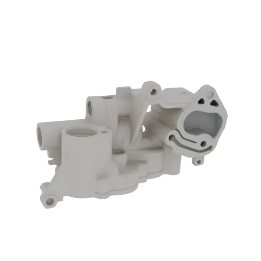 3D model of a complex automotive water pump housing, rendered in a matte white finish against a black background.