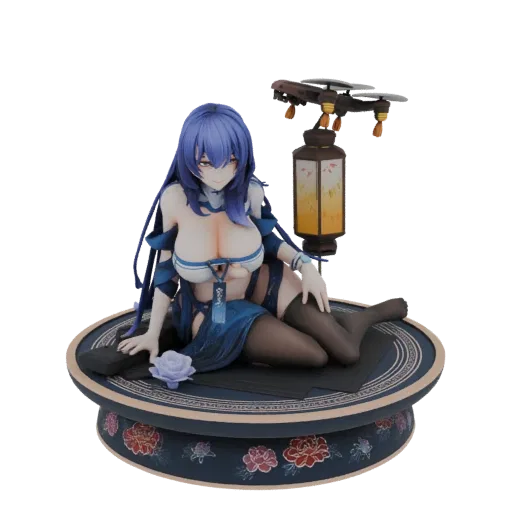 3D model of an anime girl in a blue kimono sitting gracefully on a decorative base, with a lantern in the background.