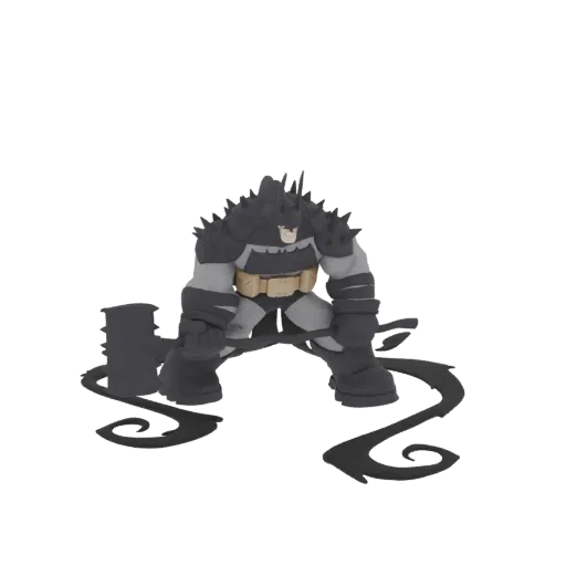 3D model of a heavily armored Batman character holding a large hammer, with a dark, stylized design.