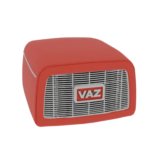3D model of a red VAZ 2105 logo mounted on a radiator grille, featuring a silver border and distinctive font.