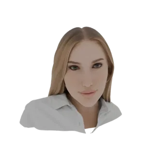 3D model of an AI-generated young woman with blonde hair, wearing a white collared shirt, looking forward with a neutral expr
