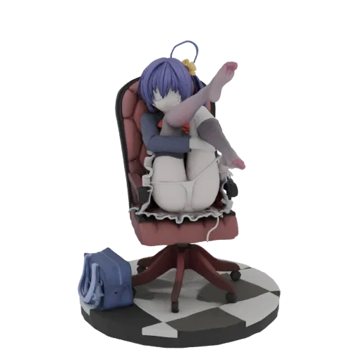 3D model of an anime girl with purple hair sitting in a red office chair, with a blue backpack on the floor.