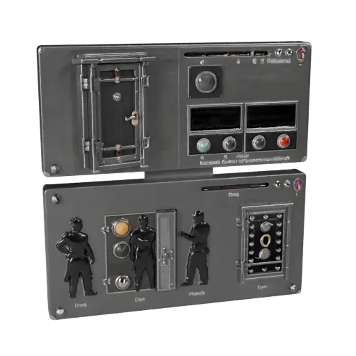 Dungeon Locked Door Panel 3D model, three-quarter front view, Unity viewport, showing metal hinges, form detail.