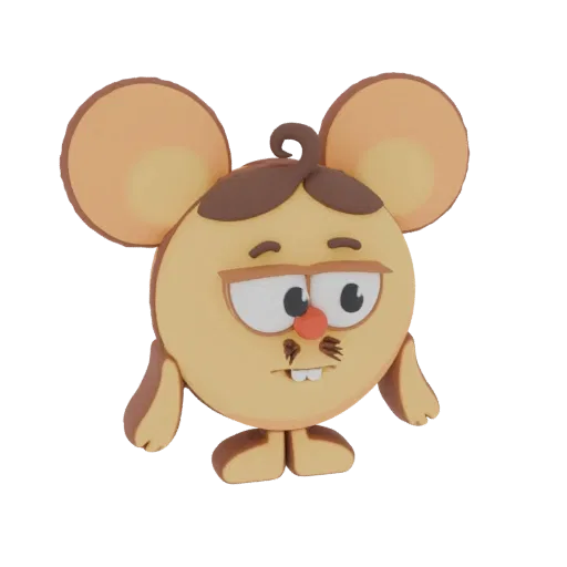Modelo 3D de personagem de rato cartoon com orelhas grandes, corpo redondo e expressão mal-humorada, renderizado sobre fundo