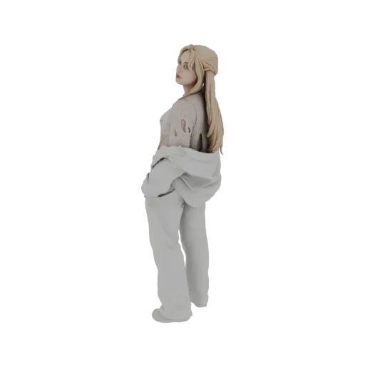 Modèle 3D femme cheveux blonds, pull déchiré, sweat à capuche, jean, regardant par-dessus l'épaule.