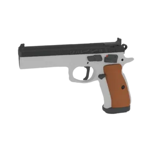 Un rendering 3D di una pistola CZ 75 L con carrello bianco, carrello nero e impugnature marroni, presentato su sfondo bianco.