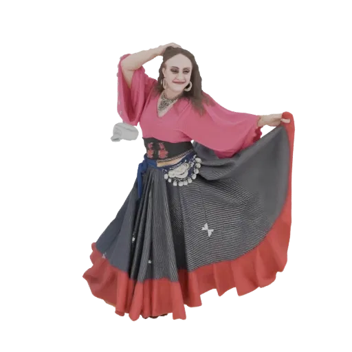 3D model of a female dancer in a pink top and a long, flowing grey and red skirt, captured in a dynamic pose.