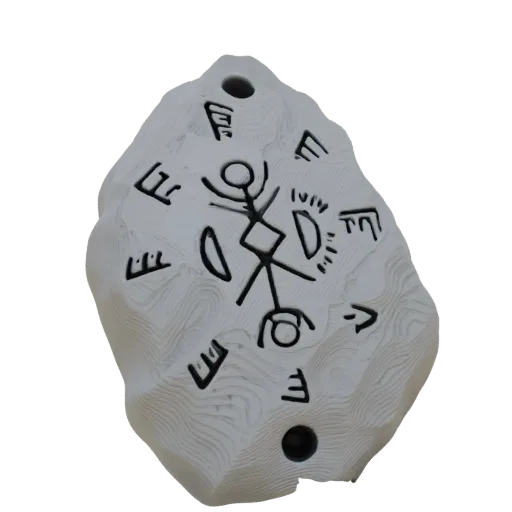 3D model of a weathered, irregular stone pendant with ancient runes and a central figure, rendered on a white background.