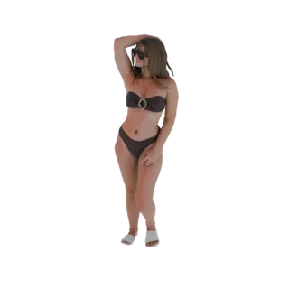 3D-Modell einer Frau in einem dunklen Bikini, die mit der Hand am Kopf posiert, von vorne gesehen.