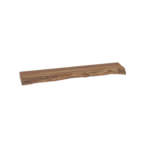 3D model of a rustic live edge wooden shelf with natural wood grain and organic edges, presented on a white background.