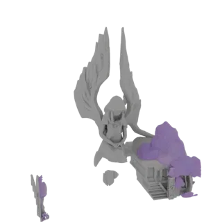 3D model of a kneeling angel with large wings, positioned next to a small gothic-style house with a doorway and steps.