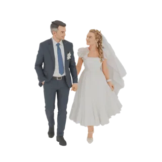 3D-Modell eines lächelnden Brautpaares, Braut im weißen Kleid, Bräutigam im marineblauen Anzug, Hand in Hand gehend, Brautsch