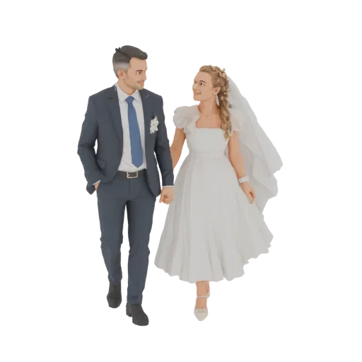 3D model of a smiling bride in a white wedding dress and groom in a navy suit walking hand-in-hand, with the bride's veil flo