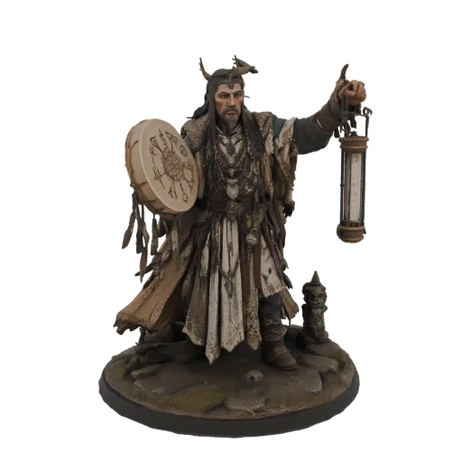 3D model of a fantasy shaman with a drum and lantern, standing on a rocky base.