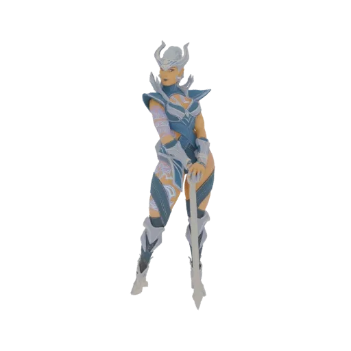 3D model of a female warrior with white hair and blue armor, holding a sword, in a dynamic pose.