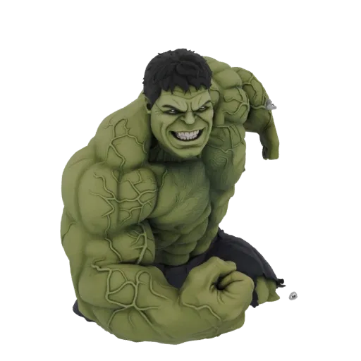 3D model of the Hulk character in a furious, roaring pose, with bulging muscles and green skin, against a white background.