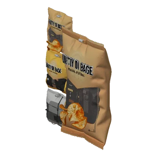 Modelo 3D Bolsa de Patatas Fritas, vista frontal tres cuartos, viewport de Unity, mostrando cartón, masa del paquete.