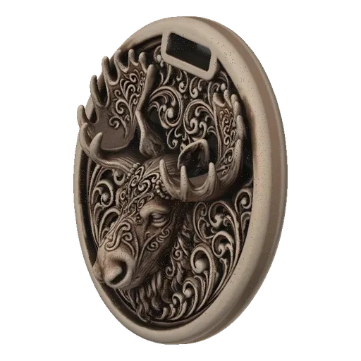 3D model of an ornate moose head wall plaque with intricate scrollwork and detailed antlers, presented against a black backgr
