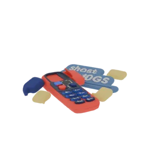 Modelo 3D de teléfono móvil retro de los 80 con carcasa roja y botones azules, rodeado de elementos estilizados.