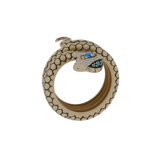 3D-Modell eines goldenen Ouroboros-Schlangenrings mit blauen und diamantartigen Augen, kreisförmig gewunden.