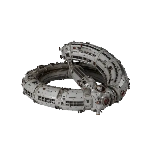 Orbital Space Station Realistic 3D model, three-quarter studio render, showing metal modules, modular station layout.