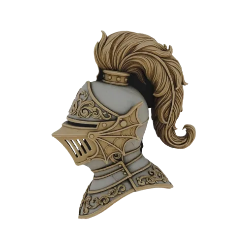 3D model of a knight's helmet with intricate gold scrollwork and a flowing plume, viewed from the side.