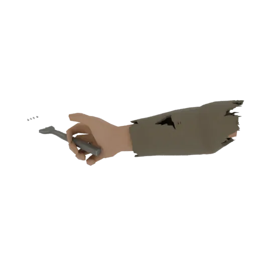 Modelo 3D de um braço humano com uma manga marrom rasgada, segurando uma navalha de segurança prateada na mão.
