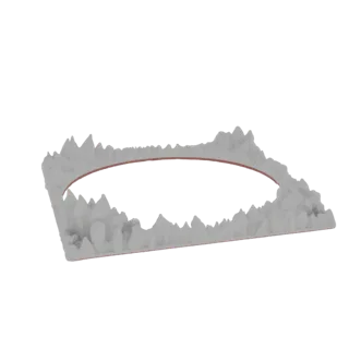 3D-Render einer quadratischen Terrainbasis mit zackigen, felsigen Kanten, die eine zentrale kreisförmige Öffnung umgeben, in