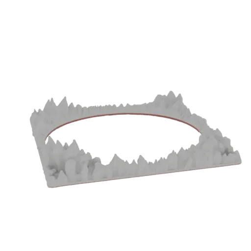 3D render of a square terrain base with jagged, rocky edges surrounding a central circular opening, in a light gray color.