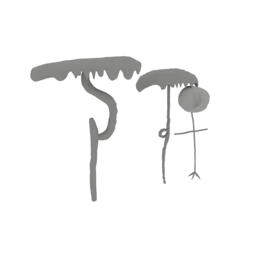 3D model of a gray stick figure holding an umbrella under a gray mushroom, against a white background.