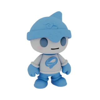3D model of a blue mascot in an ushanka hat and t-shirt with logo, standing on a white background