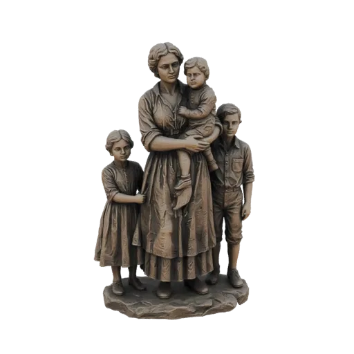 3D model of a bronze statue of a mother holding a child, with two other children standing beside her.