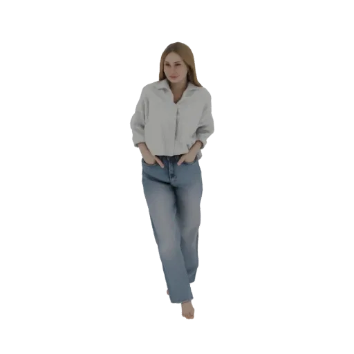 3D model of a young woman with blonde hair, wearing a white shirt and blue jeans, standing with hands in pockets.