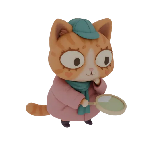 3D model of a cute orange tabby cat dressed as a detective, wearing a pink coat and teal hat, holding a magnifying glass.