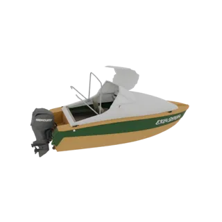 3D model of a tan and green sport boat with a white windshield and a Mercury outboard motor