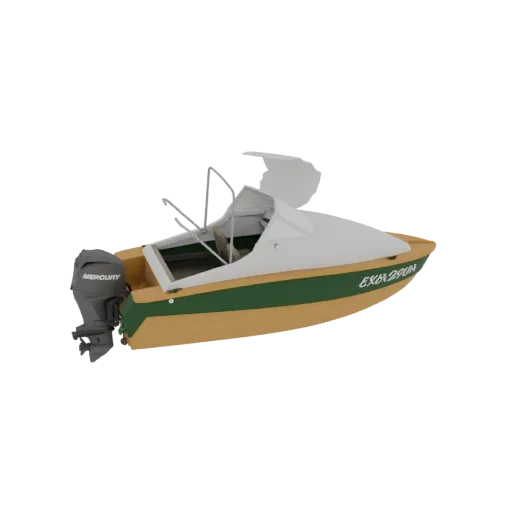 Modello 3D di motoscafo color cuoio e verde con parabrezza bianco e motore fuoribordo Mercury