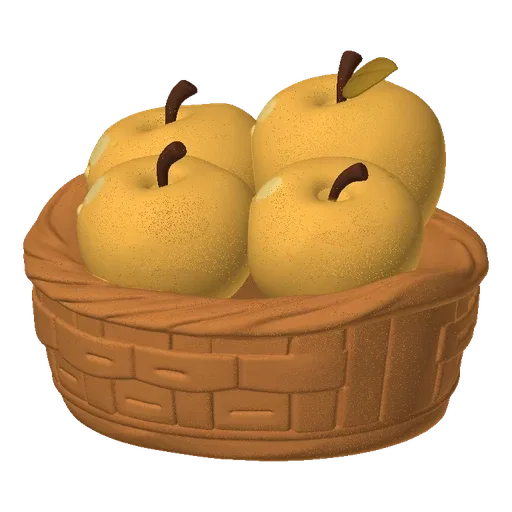 A 3D render of a woven basket filled with four stylized golden apples, with a single green leaf on top.