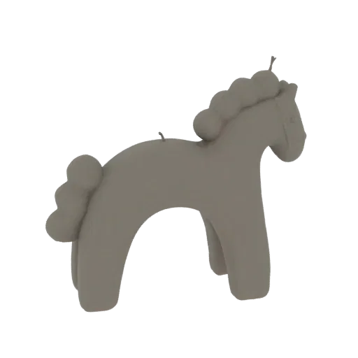 3D model render of a stylized grey horse candle with rounded mane and tail, standing on four legs.