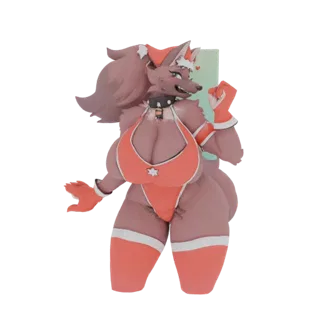 Uma renderização 3D de uma personagem de menina lobo festiva usando uma roupa e chapéu corais inspirados em Papai Noel, com u