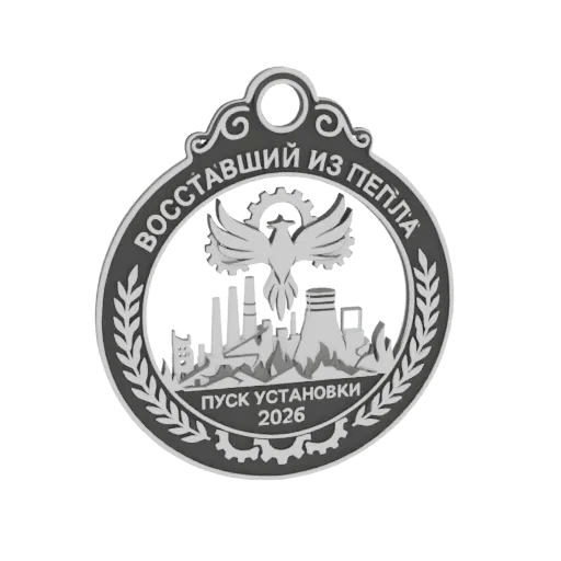 3D model of a circular emblem with a phoenix rising from industrial chimneys, text 'Rising from the Ashes' and 'Launch of the