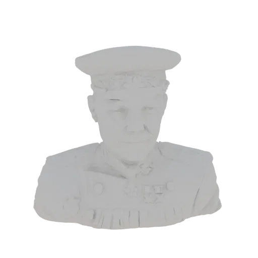 3D model render of a white bust of a military officer wearing a beret and several medals on his uniform.