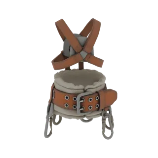Modelo 3D de un arnés de cuero vintage con interior acolchado y hebillas metálicas, sobre fondo blanco.