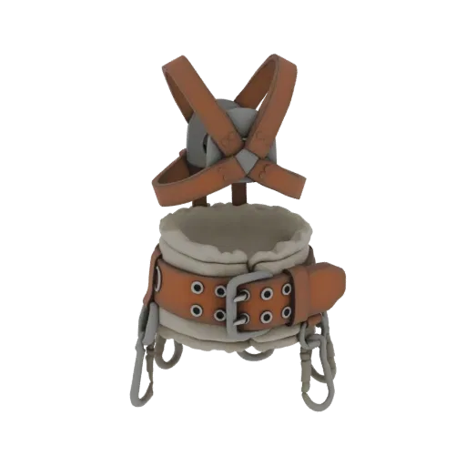 Modelo 3D de un arnés de cuero vintage con interior acolchado y hebillas metálicas, sobre fondo blanco.